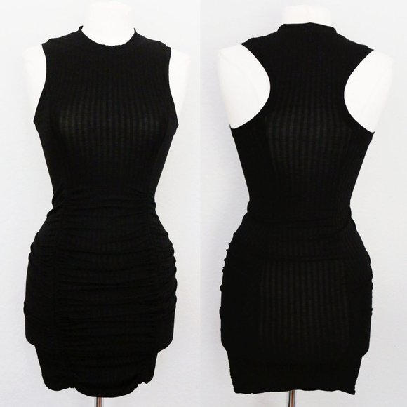 Free People Intimately Black Mock Neck Ribbed Knit Ruched Skirt Mini Dress XS - Picture 9 of 10
